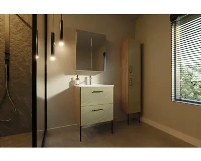 Produktbild von Differnz Badmöbel-Set Legs 60 x 160 x 45,5 cm Frontfarbe fjordgrün Waschtisch weiß und Unterschrank Waschtisch Spiegelsc