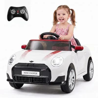 Image de Voiturette pour enfants COSTWAY, modèle BMW Mini, batterie 12V, voiture électrique avec télécommande 2,4 GHz, éclairage LED, klaxon, musique et moteurs de 35W, vitesse de 3 à 6 km/h, poids maximum supporté : 30 kg, pour les enfants de 3 à 8 ans