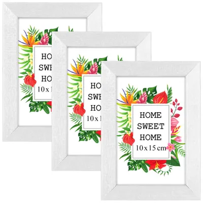 Produktbild von MG Design Set aus 3 Weiß Bilderrahmen A6 10 x 15 cm - Aus echtem Holz mit Acrylglas, zum Aufhängen & Aufstellen, für Fotos, Poster & Puzzle