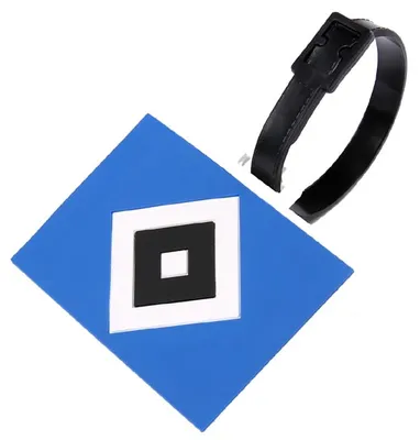 A diamond-shaped blue badge with a black and white square logo, and a black strap with a buckle.