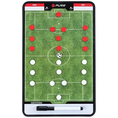 A football tactics board with red and white markers representing players and a soccer ball.