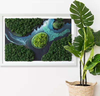 Produktbild von Moosbild mit Echtem Isländisch Moos - 60x40 cm - Weißer MDF-Rahmen - Insel in einer Flussaue