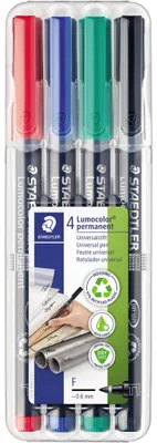 Produktbild von Staedtler Lumocolor 318 WP4, Schwarz, Blau, Grün, Rot, Feine Spitze, Schwarz, Polypropylen (PP), Fein, 0,6 mm