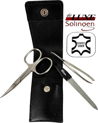Produktbild von 3-teiliges Solingen Maniküre Set mit Leder Etui, Nagelschere, Feile, Pinzette,  Germany