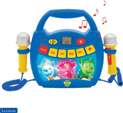 A blue portable karaoke player with two microphones, featuring Paw Patrol characters on the screen.