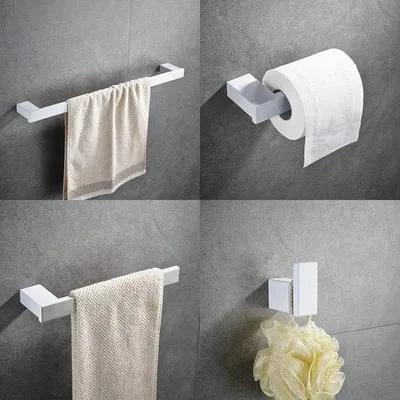 Produktbild von Famanu Badezimmer-Set 4-teilig mit Handtuchhaken, Toilettenpapierhalter, Handtuchring, Badetuchhalter - Weiß