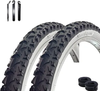 Image de 2 pneus de vélo maxxi4you HY-A109 noir/blanc 54-507 (24 x 1,95) + 2 chambres à air AV adaptées, démonte-pneus maxxi4you inclus