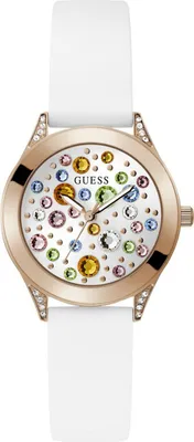 A white Guess watch with a rose gold bezel and a dial decorated with colorful rhinestones.