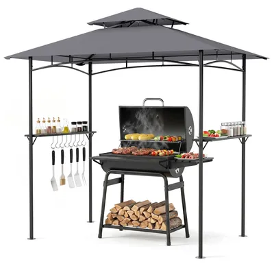 Produktbild von COSTWAY Grillpavillon, Grillunterstand mit Doppeldach, 2 Seitenregalen & 8 Haken, Pavillon wetterfest, Grillüberdachung Outdoor 245x151x248cm, Grau