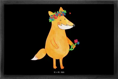 Produktbild von Mr. & Mrs. Panda fußmatte Fuchs Blumen 50 x 75 cm - Schwarz - Geschenk, Motivation, Boho, Bodenvorleger, Ich, Schmutzfangmatte, Sauberlaufmatte, Fußabtreter, Liebe