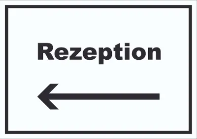 Produktbild von Rezeption Schild mit Text und Richtungspfeil links Anmeldung Eingang waagerecht A2 Rückseite selbstklebend
