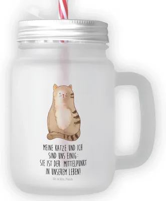 Produktbild von Mr. & Mrs. Panda Mason Jar Trinkglas Katze Sitzen - Transparent - Geschenk, Cocktailglas, Cat, Cats, Katzen, getränkebecher, Becher mit Strohhalm, Kater, glas deckel