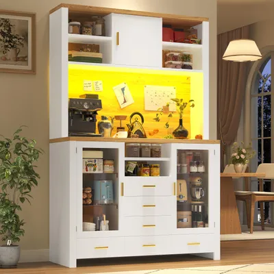 Image de Armoire de cuisine blanche aspect bois 120 x 40 x 188 cm, style cottage – Buffet et bahut avec bandeau lumineux LED, 4 portes et 6 tiroirs, emplacement pour micro-ondes, coin café