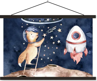 Produktbild von MuchoWow® Textilposter Weltraum - Fuchs - Rakete - Junge - Mädchen - Kinder 150x100 cm mit schwarzem Rahmen - Schlafzimmer
