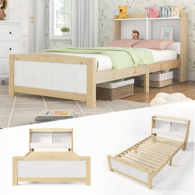 Zdjęcie produktu dla Sosnowe łóżko pojedyncze z miejscem do przechowywania i stelażem z listew, łóżko dziecięce i młodzieżowe, naturalny/biały design, bez materaca i szuflad, lite drewno, 90x200 cm