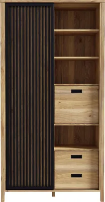 Produktbild von Forte JYTANA Schrank 100 105, skandinavischer Schrank mit 3 Schubladen, 2 Türen und 3 Regalfächern, Mauvella Eiche Holzdekor / Schwarz, 103,4 cm breit x 200,3 cm hoch x 40,2 cm tief