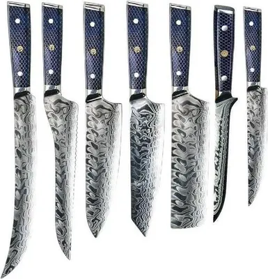 Produktbild von Exklusives Set Damast Küchenmesser Yurei – 7 Teile in Blau KP37421
