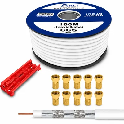 Produktbild von 100m ARLI Koaxialkabel – max. 135 dB 5-fach geschirmt + Abisoliermesser / Kabelmesser + 10x F-Stecker vergoldet DVB-S2 DVB-C DVB-T2 4K HD TV
