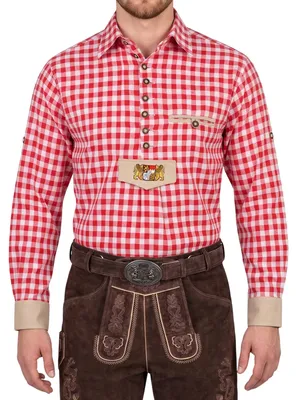 Image de Chemise traditionnel brodé avec l'emblème de la Bavière, pour être porté avec des lederhosen (pantalon en cuir) bavarois rouge et à carreaux, taille : M