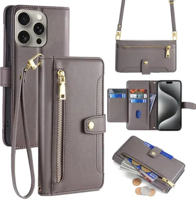 Produktbild von Handykette iPhone Hülle mit Band Handyhülle Kartenfächer Kunstleder Umhängetasche iPhone 15 Pro Max Grau