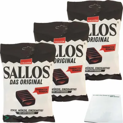 Produktbild von Villosa Sallos Das Original Hartkaramellen mit Lakritzgeschmack 3er Pack (3x150g Packung) + usy Block