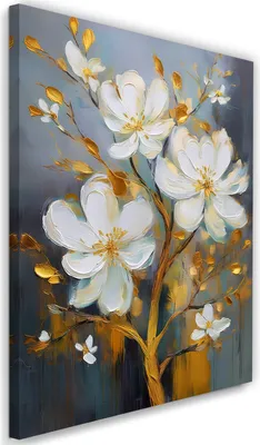 Image de Toile blanche Fleurs dorées peintes 70x100 Feeby Blanc Image pour le mur prête à être accrochée