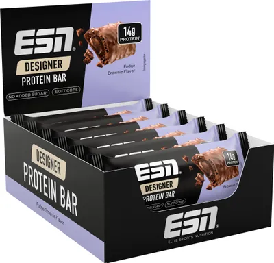 Produktbild von ESN Designer Bar Box, Fudge Brownie, 12 x 45 g, der ideale Snack mit bis zu 14 g Protein pro Riegel -  Germany