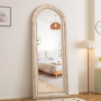 Productafbeelding van Spiegel met boogvorm, 165x60 cm, met een frame van massief hout, landelijke wandspiegel, rustieke witte kleur
