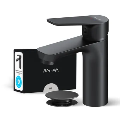 Produktbild von AM.PM Badarmatur mit Pop-Up Ablaufventil für Waschbecken Wasserhahn Bad Schwarz Waschtischarmatur mit Ablaufgarnitur 1 1/4 Zoll Messing Ventil Ablauf