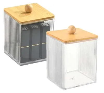 Productafbeelding van Transparante Organizers - Opbergdozen - Badkamer Organisatie - Met Bamboe Deksel - 2 Stuks 9.6cm - Helder