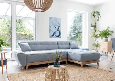 Image de MIUFORM Dazzling Daisy - Canapé d'angle avec fonction lit et coffre de lit Canapé avec chaise longue réversible - 260x164cm - Bleu clair - Canapé-lit Canapé