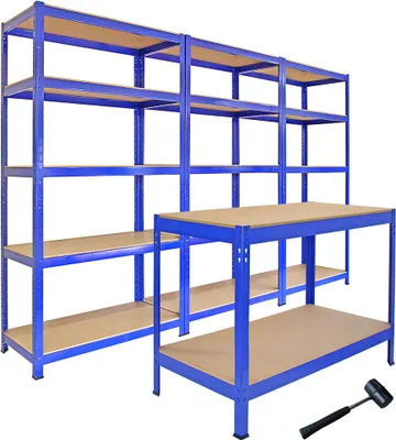 Zdjęcie produktu dla Zestaw Monster Racking: 3 regały magazynowe T-Rax i stół warsztatowy Q-Rax – regał o dużej nośności, regał garażowy, regał stalowy, regał przemysłowy, regał warsztatowy, regał modułowy, regał magazynowy 90 cm x 45 cm x 180 cm, niebieski, w 100% bez śrub