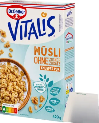 Produktbild von Dr. Oetker Vitalis Knusper-Müsli ohne Zuckerzusatz (420g Packung) + usy Block