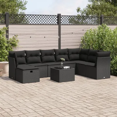 Produktbild von Eleganten-Stil 9-tlg. Garten-Lounge-Set mit Kissen Garten-Sofagarnitur, Outdoor Indoor, Schwarz Poly Rattan Gartenmöbel-Sets CHY73361878