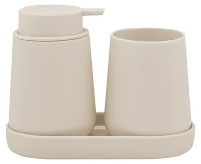Produktbild von eluno Bad-Accessoires Set TESERO 3tlg. bestehend aus 1x Seifenspender, 1x Becher, 1x Schale, aus Kunststoff in Beige