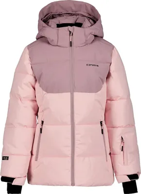 A studio shot of a pink and purple ski jacket.