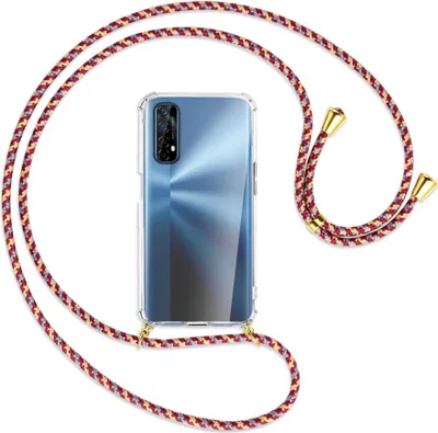 Produktbild von Handykette Backcover-Schutzhülle mit Band (Metall goldfarben) für Realme 7 (RMX2151) - weinrot/gelb/grau