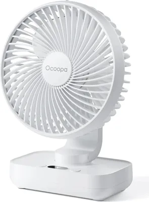 A white desktop fan is shown from a slightly elevated angle against a white background.