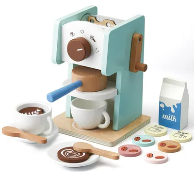 Produktbild von Omgoods – Spielzeug-Kaffeemaschine für Kinder – Holz-Küchenzubehör – 15 Teile – Spielzeug für Kleinkinder – Kreatives Spielen – Sicher und ungiftig – Spielküche