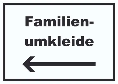 Produktbild von Familienumkleide Schild mit Text und Richtungspfeil links waagerecht A6 Rückseite selbstklebend