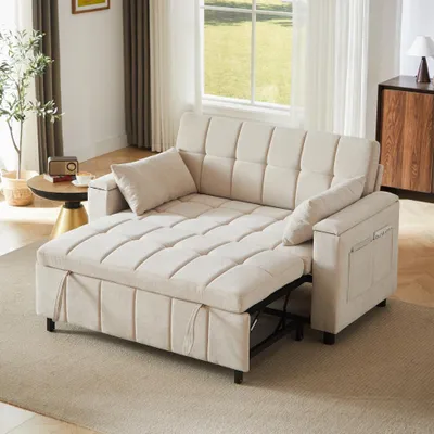 Produktbild von AIORBER Schlafsofa 2-Sitzer mit Schlaffunktion Ausziehbar Couch mit Stauraum Seitentasche Metallrahmen Chenille Beige