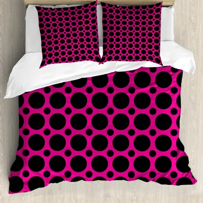 Immagine prodotto di Set copripiumino ABAKUHAUS rosa shocking, pois grandi e piccoli disposti in  simmetrico, design vivace in stile vintage, 155 x 220 cm + 80 x 80 cm, rosa shocking e nero