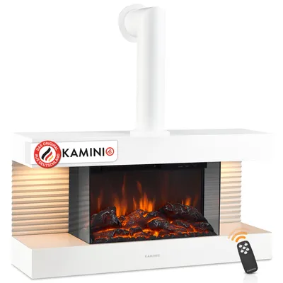 Produktbild von KAMINIO Elektrokamin LIZ mit Ofenrohr - Elektrischer Wandkamin mit Heizung, 3D-Flammeneffekt, LED-Ambientelicht, Fernbedienung - Weiß