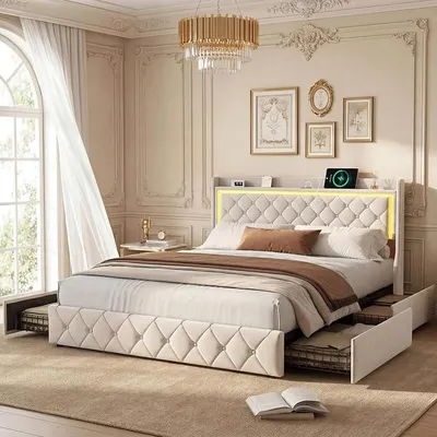 Obrázek produktu pro Postel s úložným prostorem 140x200, 4 zásuvky, manželská postel s USB/LED osvětlením, funkční postel s čelem, rám postele s lamelovým roštem, samet (béžová, 140 x 200 cm)