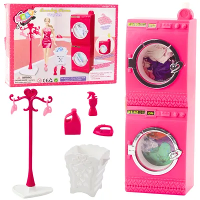 Produktbild von Puppenwäsche-Set Waschmaschine Trockner Kleiderbügel Korb Rosa