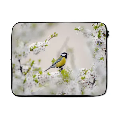 Produktbild von MuchoWow® Laptop Hülle 15 Zoll Vogel - Kohlmeise - Blumen - Blütenbaum Laptoptasche - Laptoptasche - Sleeve - Rundum-Schutz