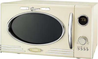 A retro-style cream-colored microwave oven with a silver handle and trim, shown from the front.
