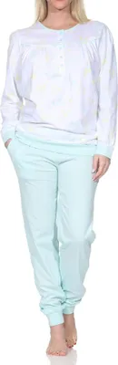 Produktbild von Normann Damen fraulicher Langarm Schlafanzug Pyjama mit Bündchen in Klassischer Optik ; helltürkis , 60