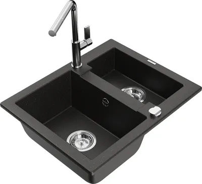 Produktbild von Mexen Carlos 1,5-Becken-Granitspüle mit Mischbatterie Flora, Schwarz/Gold metallisch - 6518-75-670401-00