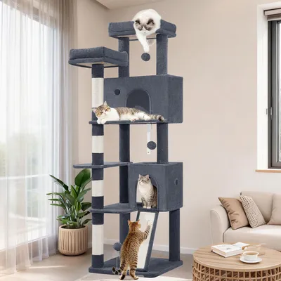 Produktbild von Fobyfurny Groß, 178 cm Mehrstöckiger Katzenbaum, Dunkelgrau | 2 Bequemen Katzenhöhlen, Kratzsäulen, Kratzbrett, 2 Oberplattformen, Seitenruheplattform